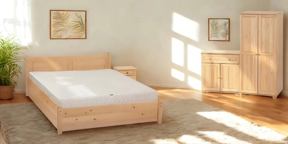 Egyenes, fílungos ágyneműtartós fenyőfa ágy 140x200 cm, 123-as egy fiókos két ajtós komód, 221-es két ajtós ruhás szekrény