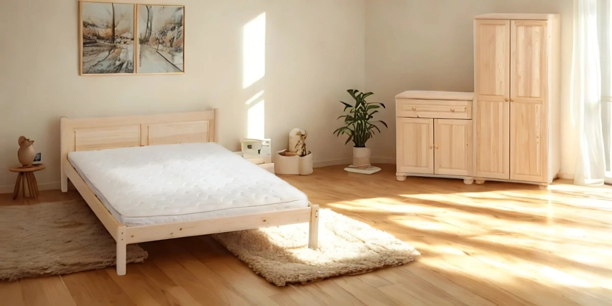Egyenes, fílungos fix fenyőfa ágy 140x200 cm, 123-as egy fiókos két ajtós komód, 221-es két ajtós ruhás szekrény