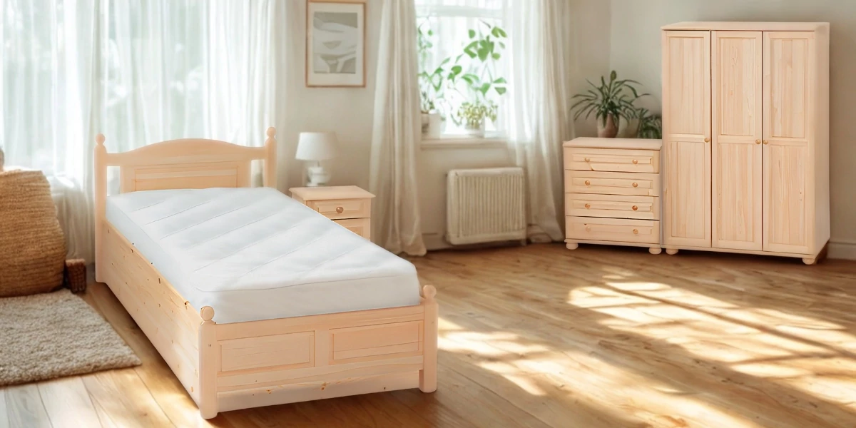 329G – Ívelt, fílungos, gombos – Ágyneműtartós egyszemélyes fenyőfa ágykeret +Ágyrács – 90x200 cm –  Enteriör