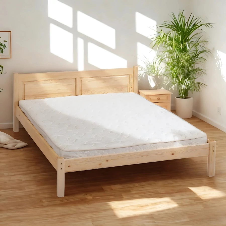 314 – Egyenes, fílungos – fix kétszemélyes fenyőfa ágy – 140x200cm – 430-as éjjeliszekrény